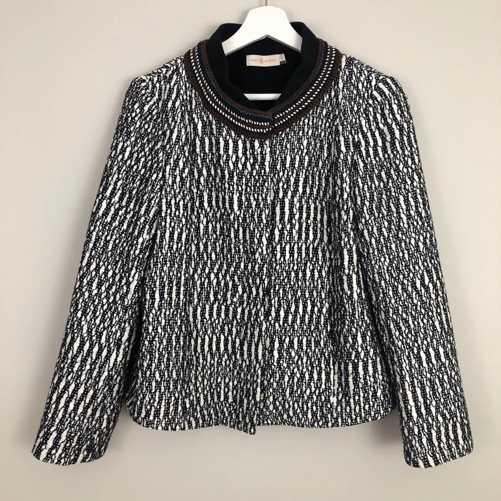 Tory Burch Tweed Contrast Weave Neck Jacket
